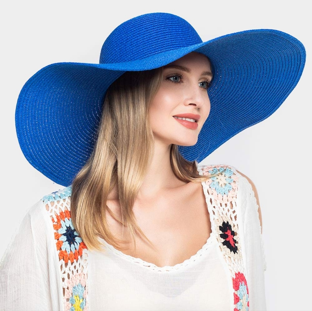 Blue Straw Sun Hat Brim Simple Casual Womens Beach Vacation Fashion Accessory